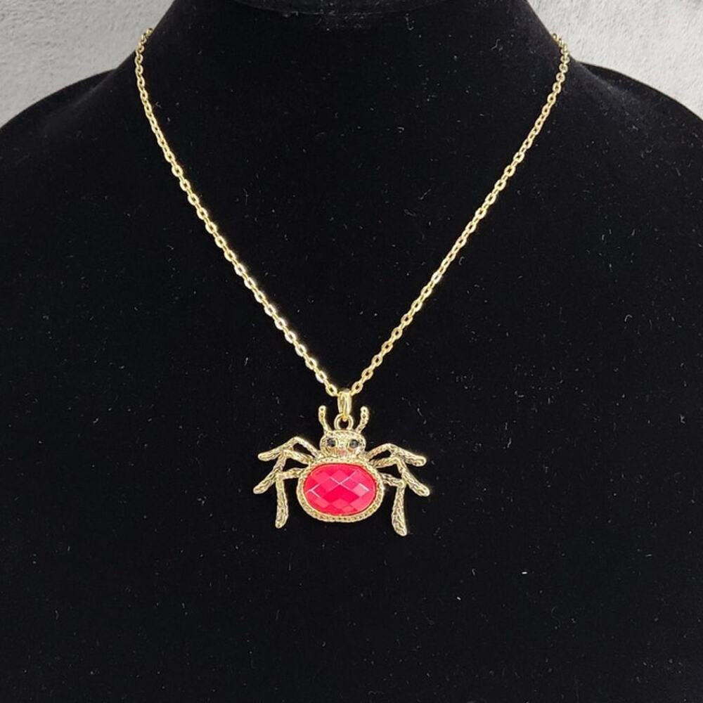 Sparkly Red Spider Necklace Pendant Gold Tone Halloween Jewelry